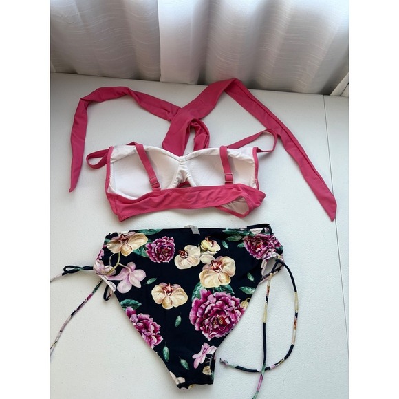 Floral High Waist Bikini Set Pink Halter Criss Cross Swimsuit - Picture 2 of 4